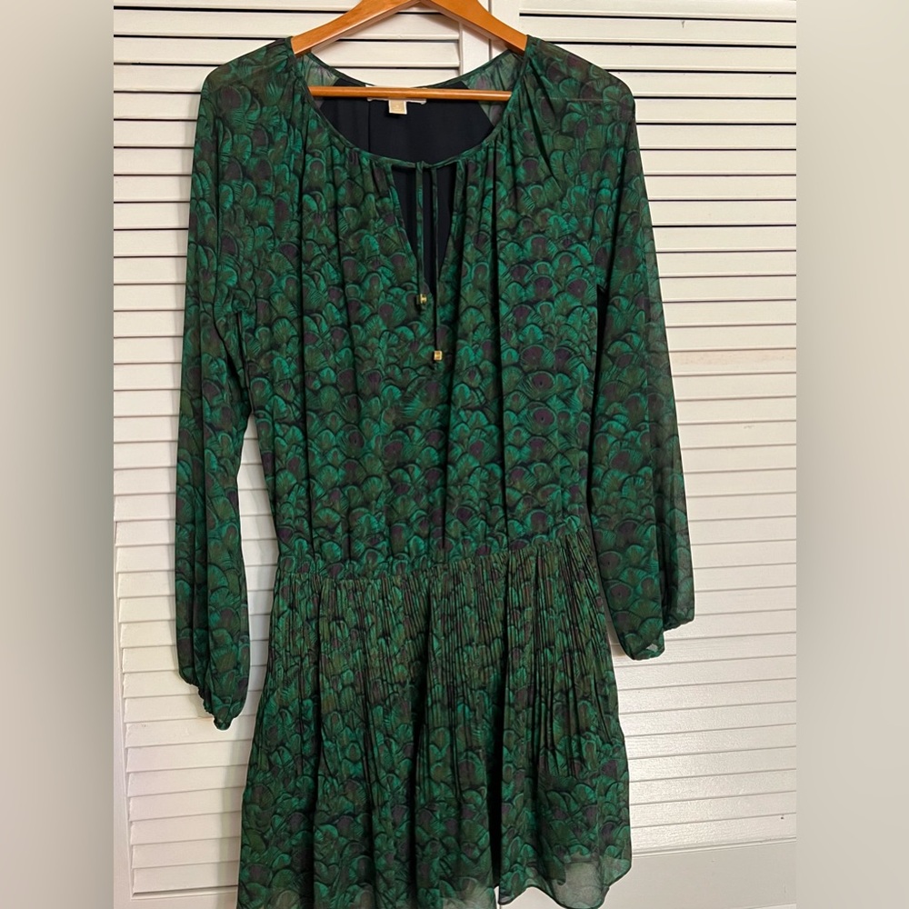 EUC - Michael Kors Long Sleeve, Pleated Dress (Peacock/Green) - Size S